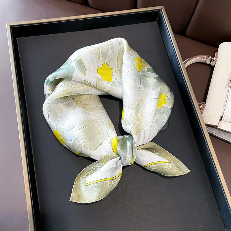 Hot Sale 2025 Brand 100% Silk Scarf Women Neck Hair Foulard Square Headband Hijab Print Poncho Scarves Bandana Fashion 53cm