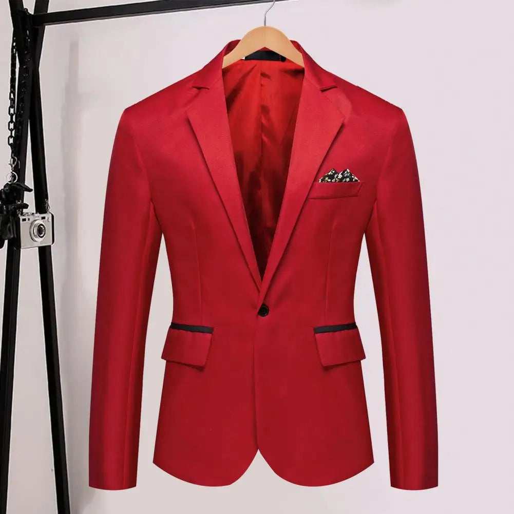 Men Blazer Formal Business Style Slim Fit Single Button Suit Jacket Solid Color Lapel Satin Groom Wedding Banquet Men Suit Coat