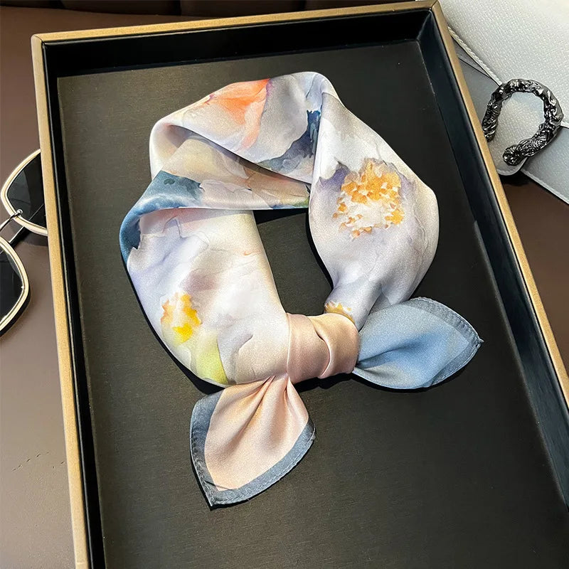 Hot Sale 2025 Brand 100% Silk Scarf Women Neck Hair Foulard Square Headband Hijab Print Poncho Scarves Bandana Fashion 53cm
