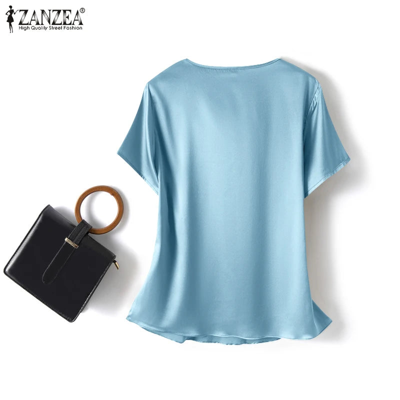 Women Summer Blouses ZANZEA 2024 Fashion Satin Tops Short Sleeve Blusas Female O Neck Casual Home Wear Tunic Chemise Oversized