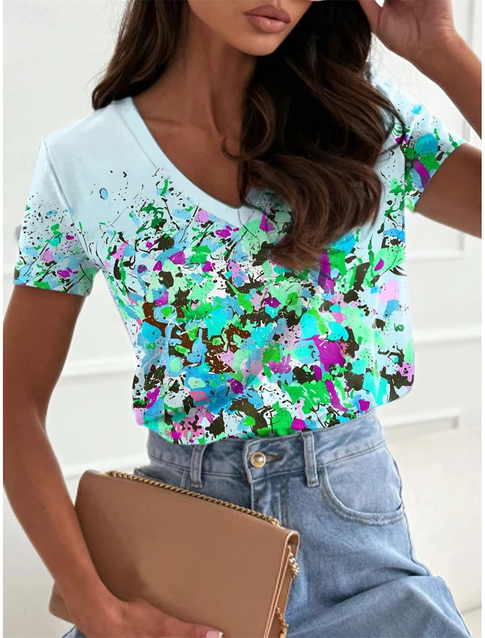 Vintage Simple Women's T-Shirt 3D Wave Curve Tee Fashion V-Neck Summer Short Sleeve Loose Streetwear Female Clothes Black Tshirt