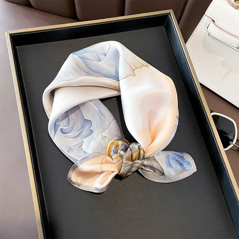 Hot Sale 2025 Brand 100% Silk Scarf Women Neck Hair Foulard Square Headband Hijab Print Poncho Scarves Bandana Fashion 53cm