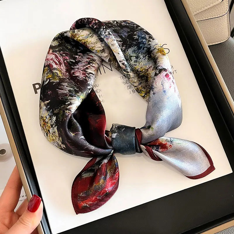 Hot Sale 2025 Brand 100% Silk Scarf Women Neck Hair Foulard Square Headband Hijab Print Poncho Scarves Bandana Fashion 53cm