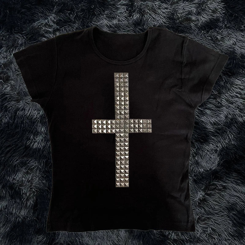 Women 90s Vintage Clothing T-shirts Goth Kawaii Girl Emo Kpop Goth Baby Tees Harajuku Cross Hot Stamping Y2k Clothes Streetwear
