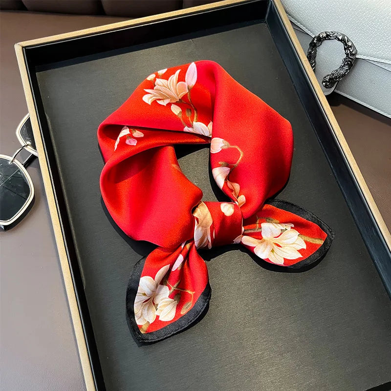 Hot Sale 2025 Brand 100% Silk Scarf Women Neck Hair Foulard Square Headband Hijab Print Poncho Scarves Bandana Fashion 53cm