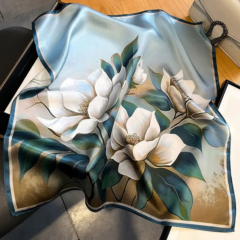 Hot Sale 2025 Brand 100% Silk Scarf Women Neck Hair Foulard Square Headband Hijab Print Poncho Scarves Bandana Fashion 53cm