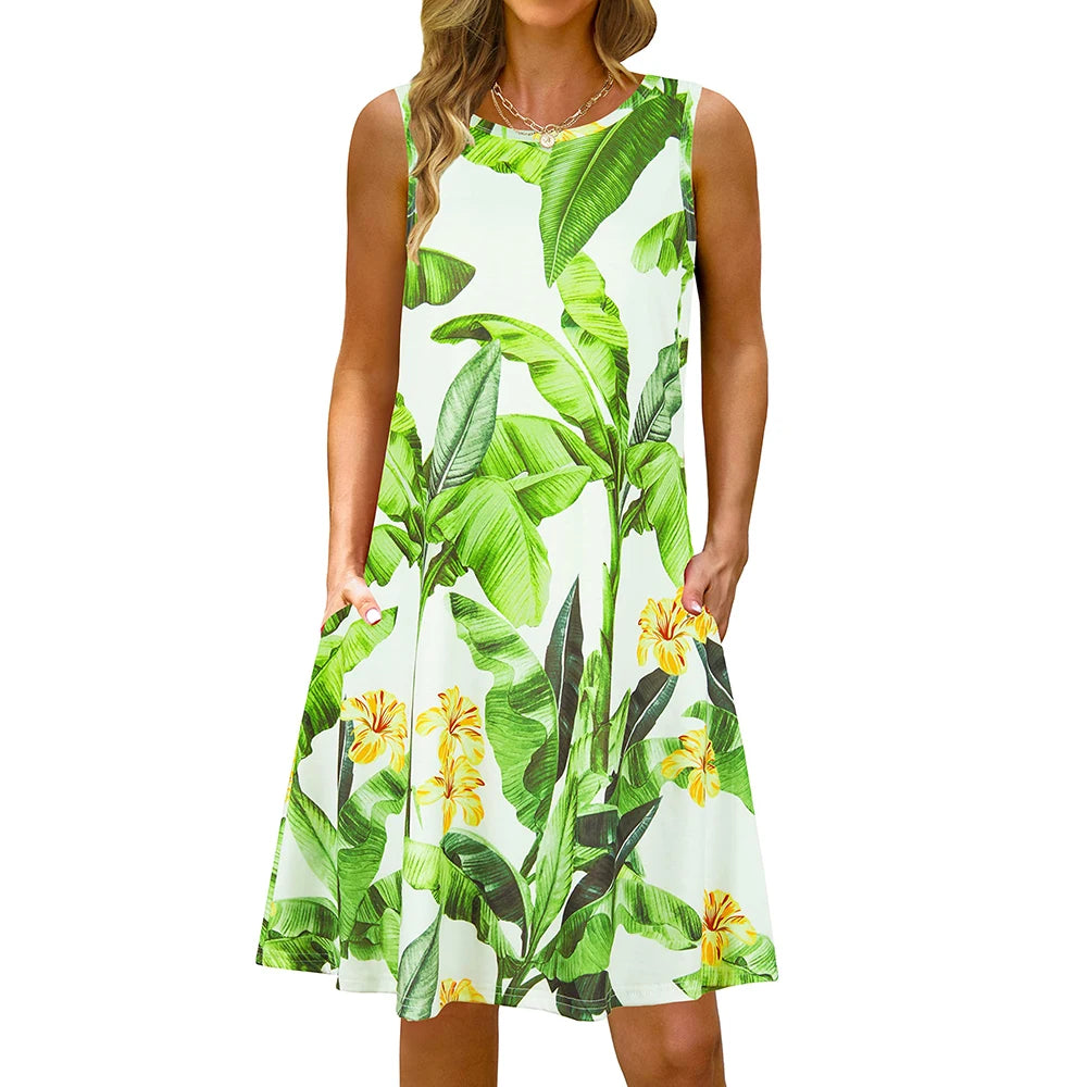 S-5Xl Colorful Printed O Neck Long Dress Casual Bohemian Sleeveless Ladies Summer Beach Sundress Travel Pocket Shirt Party Gowns