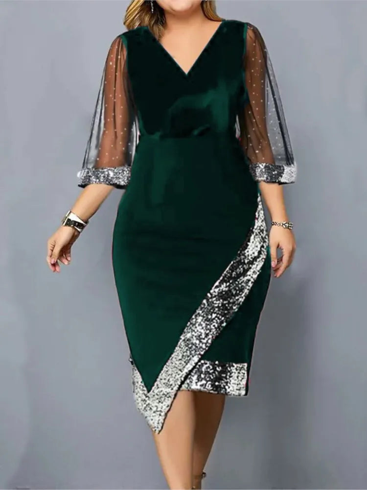 Spring Summer Women's Clothing New Fashion Gold Velvet Irregular Sequin See Through Mesh Women's Five Quarter Sleeve Dress