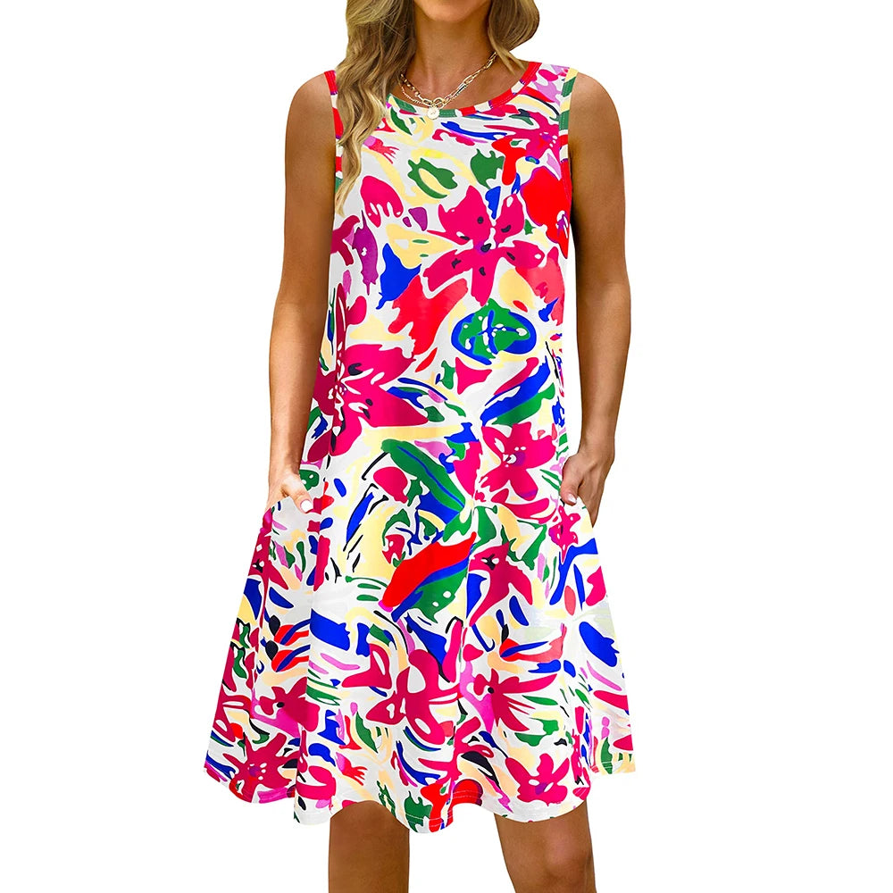 S-5Xl Colorful Printed O Neck Long Dress Casual Bohemian Sleeveless Ladies Summer Beach Sundress Travel Pocket Shirt Party Gowns