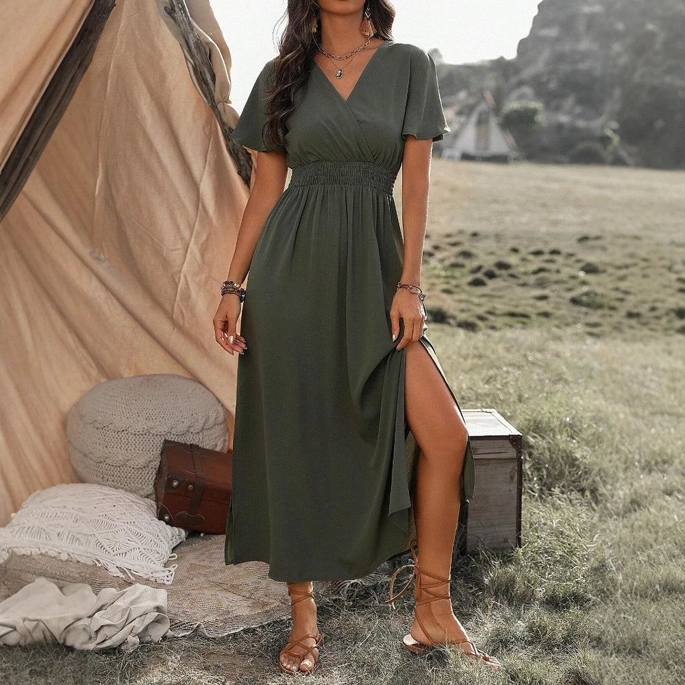Mia Muse Women's Dresses Summer Fashion 2025 Plain Side Slit Nipped Waists Short Sleeve V-Neck A Line Midi Vacation Dresses