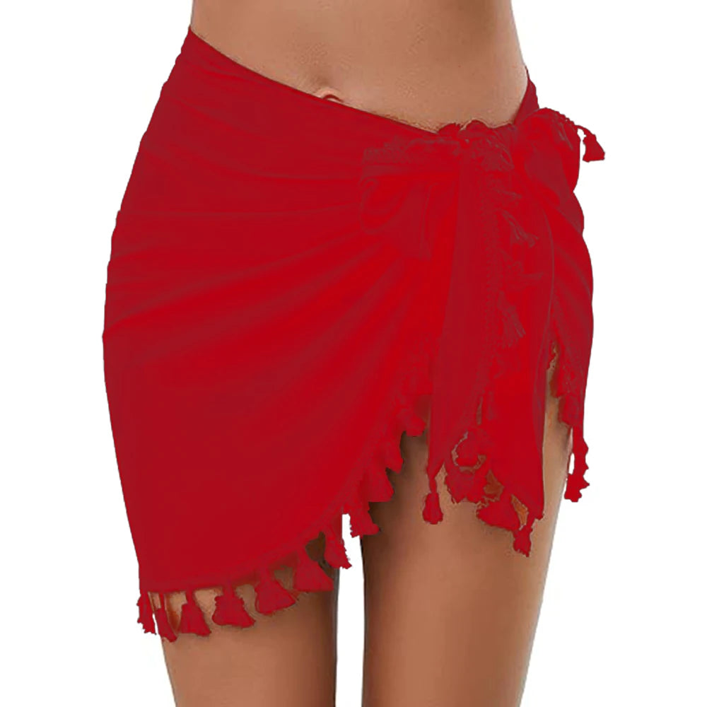 2024 Women's Sarong Coverups Sexy Short Bathing Suit Chiffon Wrap Skirt Beach Swimsuit Cover Ups with Tassels Swimwear