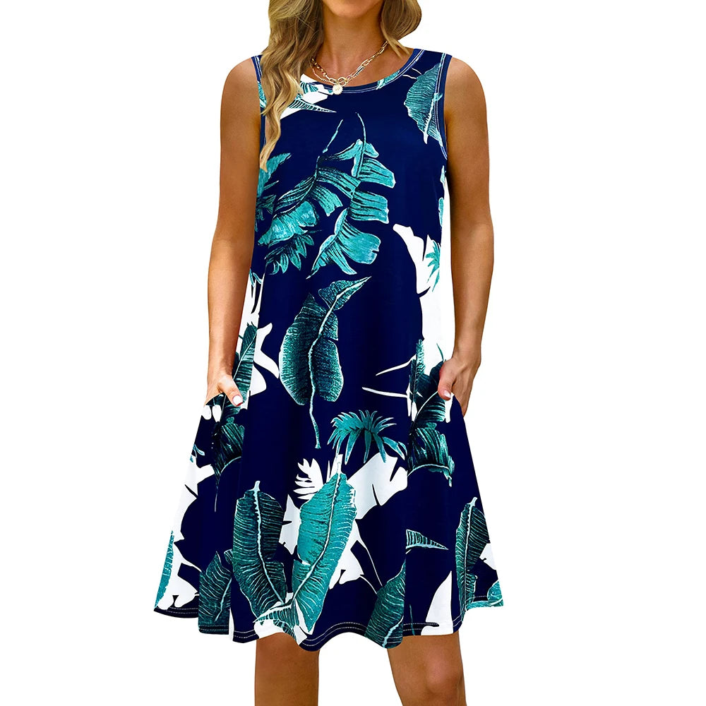 S-5Xl Colorful Printed O Neck Long Dress Casual Bohemian Sleeveless Ladies Summer Beach Sundress Travel Pocket Shirt Party Gowns