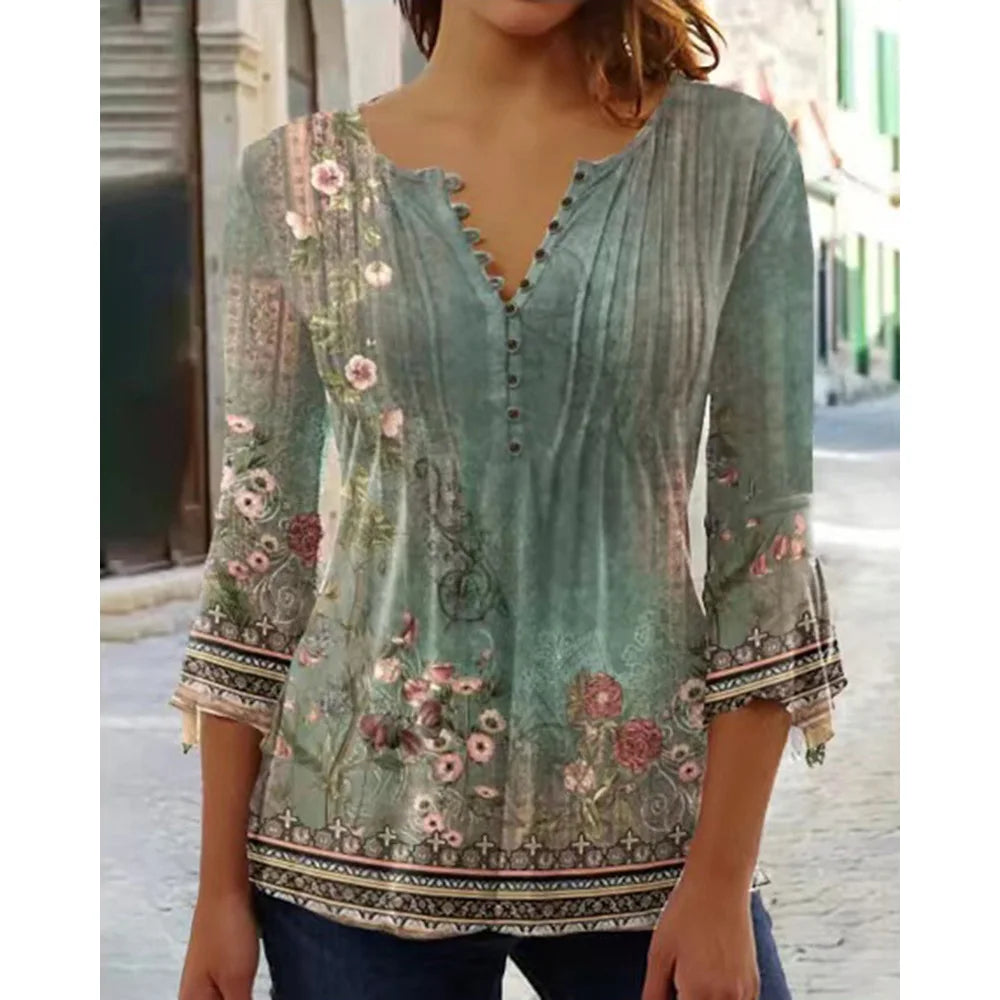 New Fashion Women's T-Shirt Tee White Floral Button Short Sleeve Summer 3D Printed Basic V-Neck Loose Casua Size Top Clothing