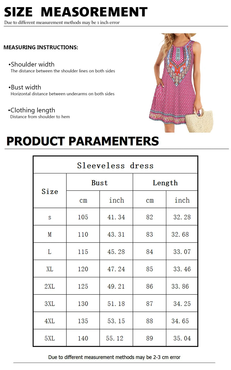 S-5Xl Colorful Printed O Neck Long Dress Casual Bohemian Sleeveless Ladies Summer Beach Sundress Travel Pocket Shirt Party Gowns