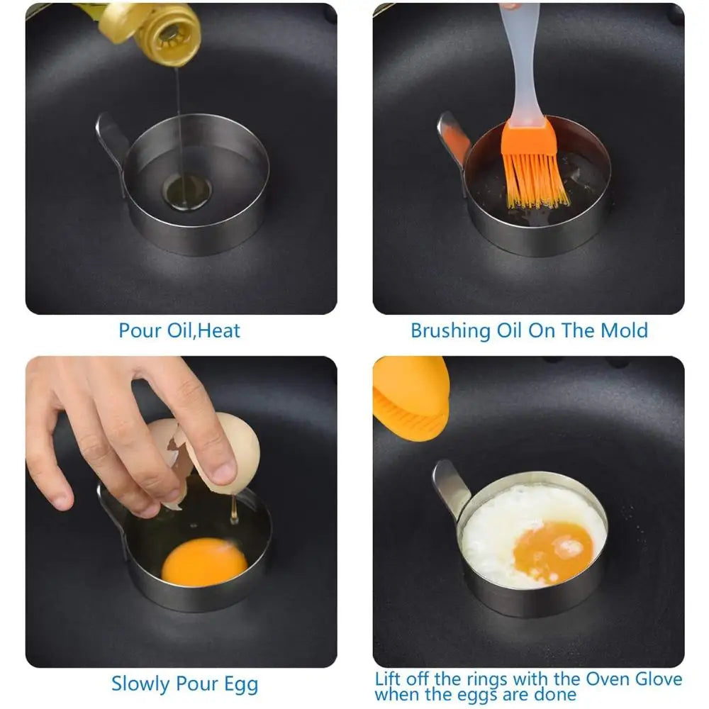 2Pcs Thickened 304 Stainless Steel Round Fried Eggs Mold with Handle Pancake Forming Mould Omelet Rings Kitchen Cooking Tools