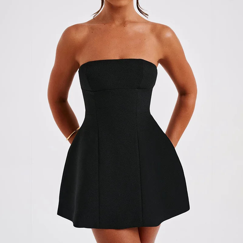 Sleeveless Sexy Tube Top Mini Dresses Solid Patchwork High Waist Summer Fashion Female Bodycon Plunge Vacation Strapless Dress