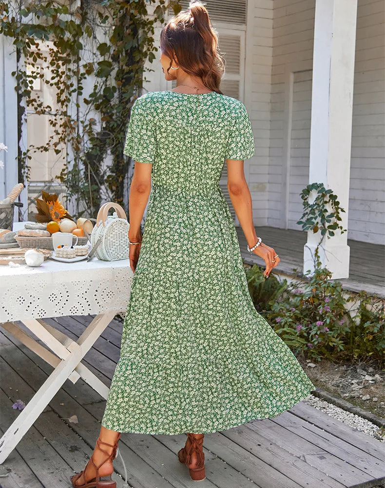 Summer hot-selling daily commuting floral dress fashionable slit skirt casual fashion loose V-neck short-sleeved skirt