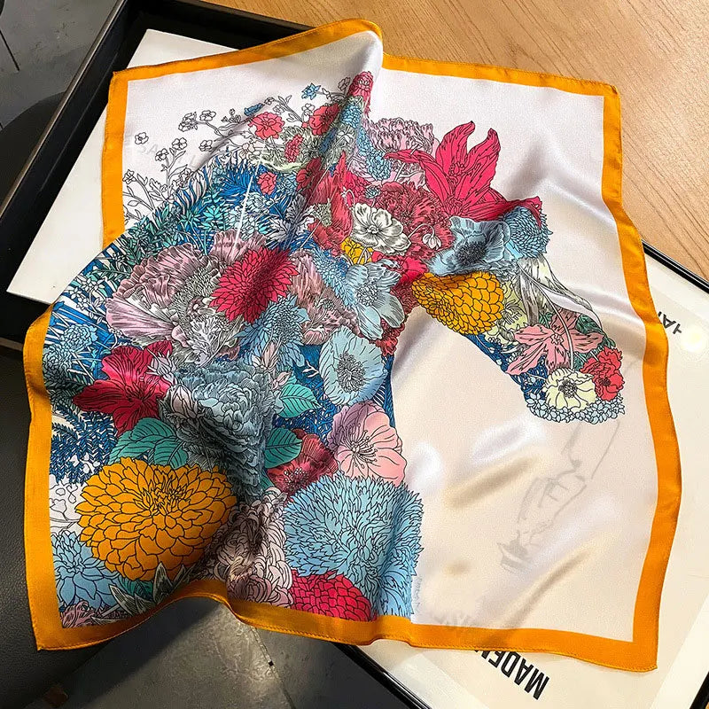 Hot Sale 2025 Brand 100% Silk Scarf Women Neck Hair Foulard Square Headband Hijab Print Poncho Scarves Bandana Fashion 53cm