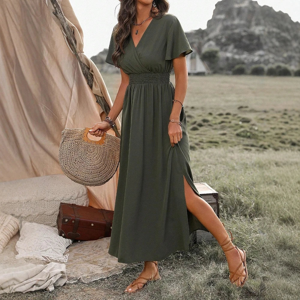 Mia Muse Women's Dresses Summer Fashion 2025 Plain Side Slit Nipped Waists Short Sleeve V-Neck A Line Midi Vacation Dresses