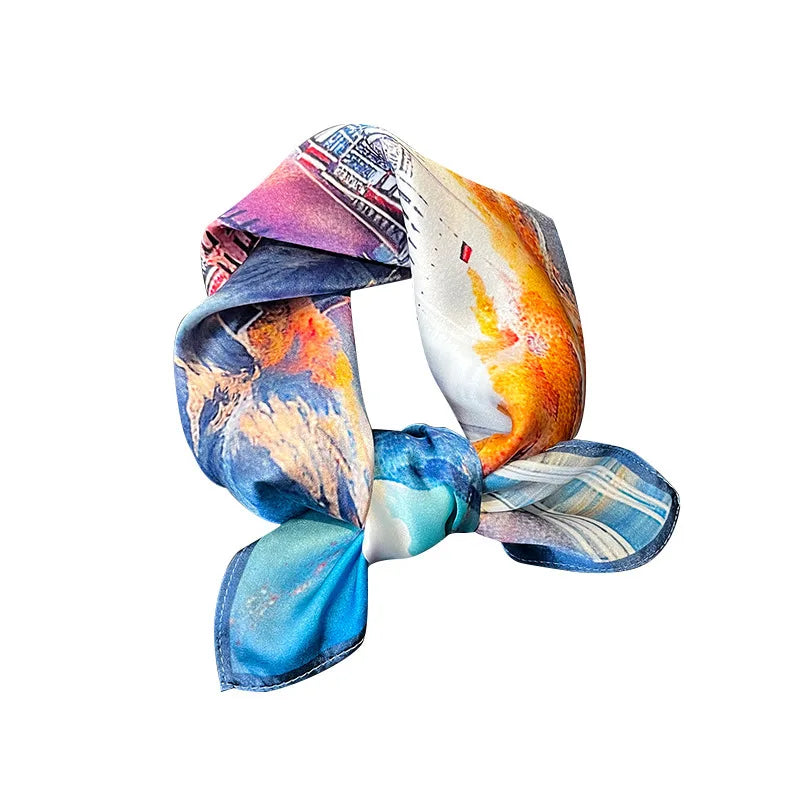 Hot Sale 2025 Brand 100% Silk Scarf Women Neck Hair Foulard Square Headband Hijab Print Poncho Scarves Bandana Fashion 53cm