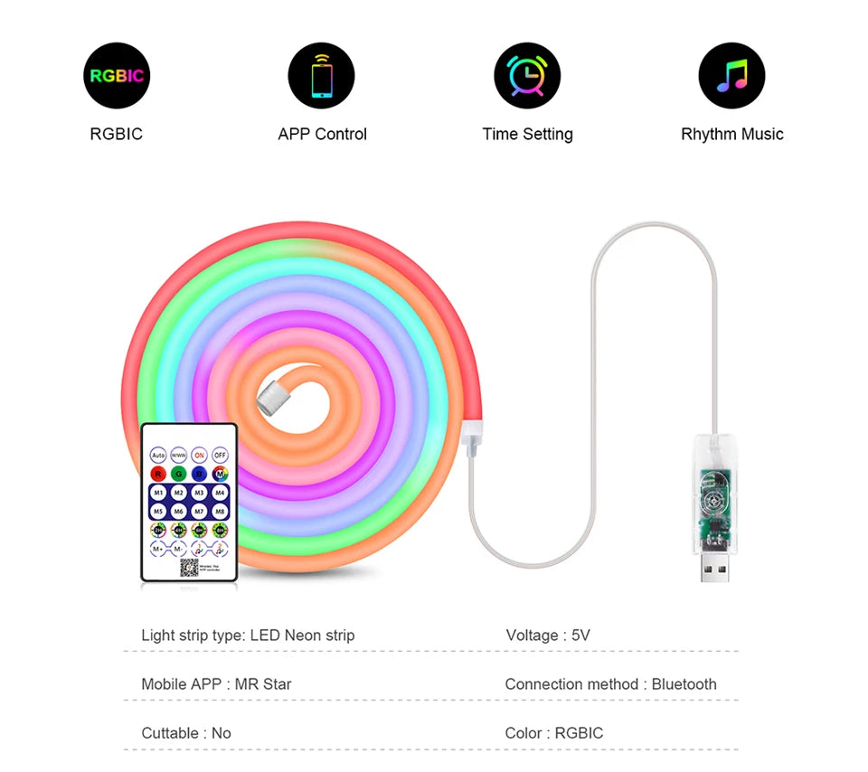 5V USB RGBIC Neon LED Strip,1/2/3/4/5M IP65 RGBIC Neon lamp tape with Bluetooth App and Remote For DIY Neon Deocoration Lighting