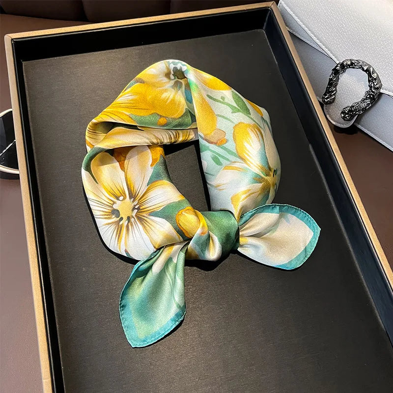 Hot Sale 2025 Brand 100% Silk Scarf Women Neck Hair Foulard Square Headband Hijab Print Poncho Scarves Bandana Fashion 53cm