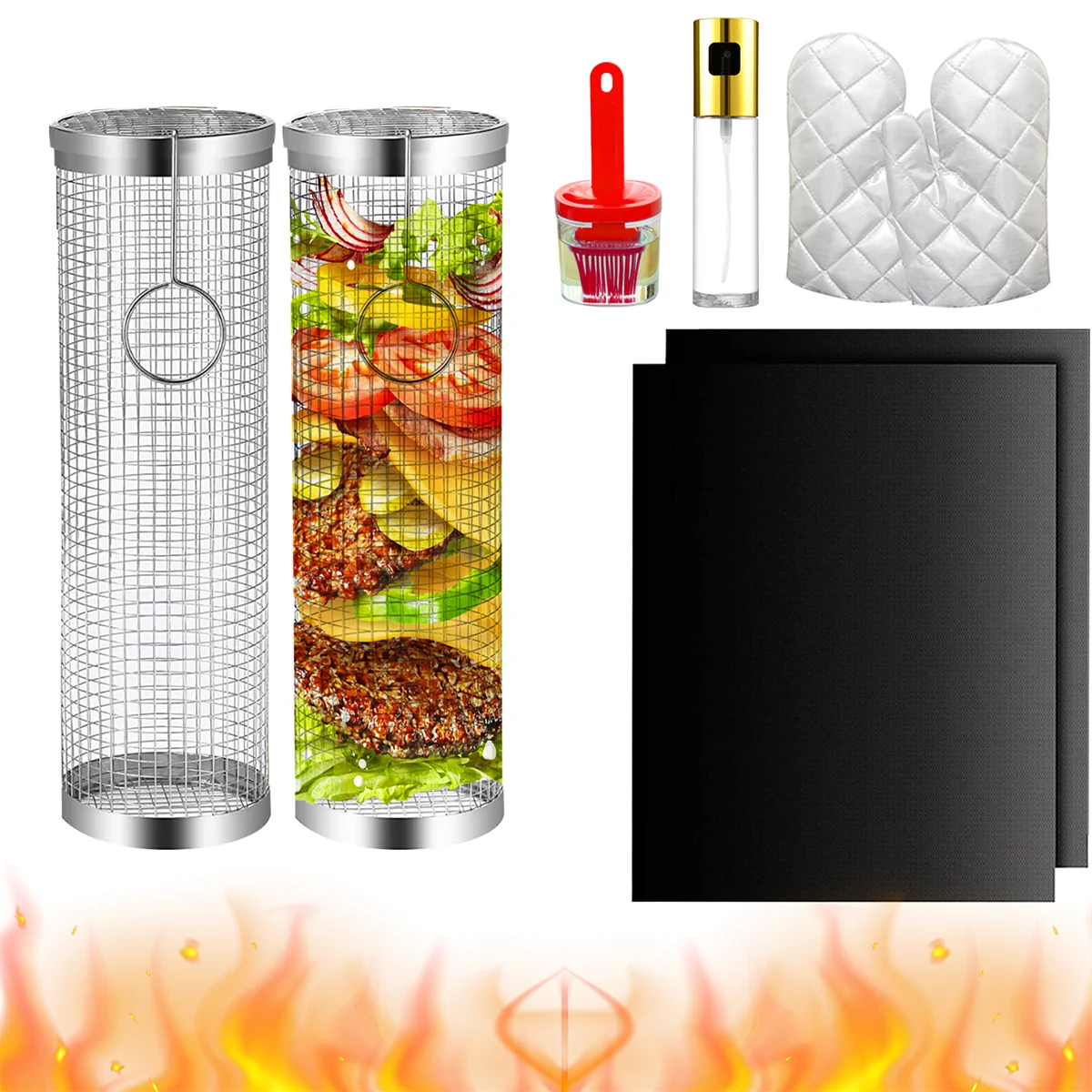BBQ Basket Stainless Steel Rolling Grilling Basket Wire Mesh Cylinder Grill Basket Portable Round Outdoor Camping Barbecue Rack
