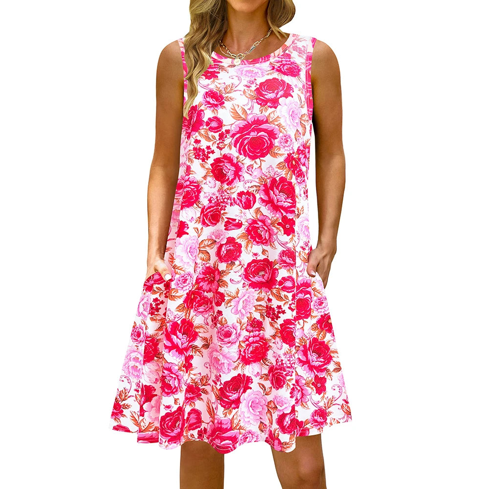 S-5Xl Colorful Printed O Neck Long Dress Casual Bohemian Sleeveless Ladies Summer Beach Sundress Travel Pocket Shirt Party Gowns