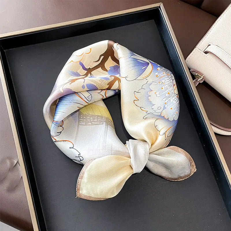 Hot Sale 2025 Brand 100% Silk Scarf Women Neck Hair Foulard Square Headband Hijab Print Poncho Scarves Bandana Fashion 53cm