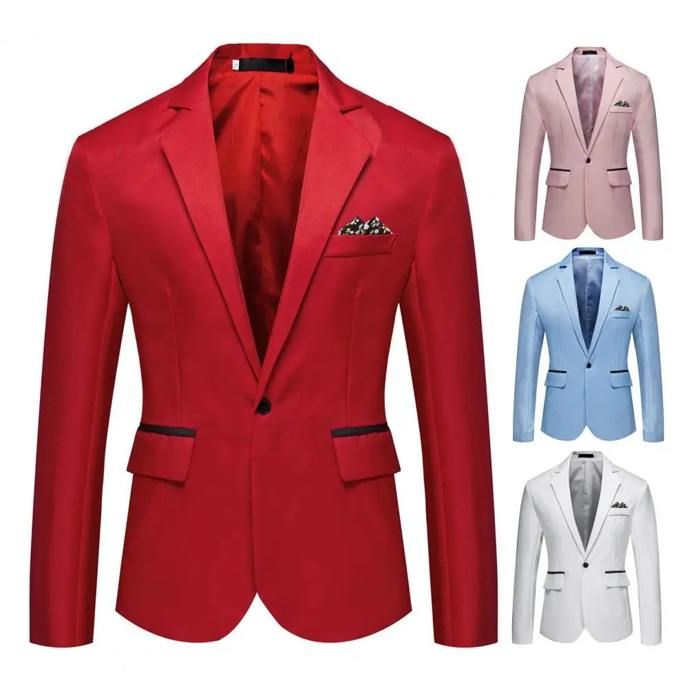 Men Blazer Formal Business Style Slim Fit Single Button Suit Jacket Solid Color Lapel Satin Groom Wedding Banquet Men Suit Coat