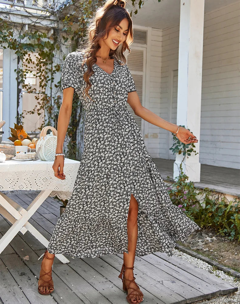 Summer hot-selling daily commuting floral dress fashionable slit skirt casual fashion loose V-neck short-sleeved skirt