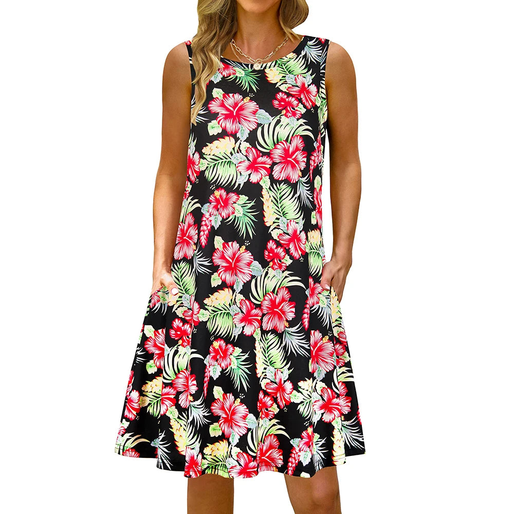 S-5Xl Colorful Printed O Neck Long Dress Casual Bohemian Sleeveless Ladies Summer Beach Sundress Travel Pocket Shirt Party Gowns