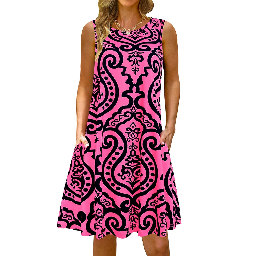 S-5Xl Colorful Printed O Neck Long Dress Casual Bohemian Sleeveless Ladies Summer Beach Sundress Travel Pocket Shirt Party Gowns