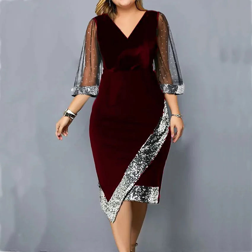 Spring Summer Women's Clothing New Fashion Gold Velvet Irregular Sequin See Through Mesh Women's Five Quarter Sleeve Dress