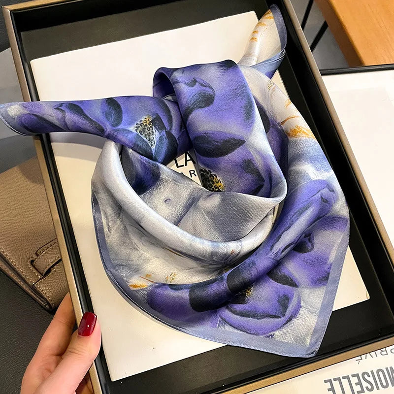 Hot Sale 2025 Brand 100% Silk Scarf Women Neck Hair Foulard Square Headband Hijab Print Poncho Scarves Bandana Fashion 53cm