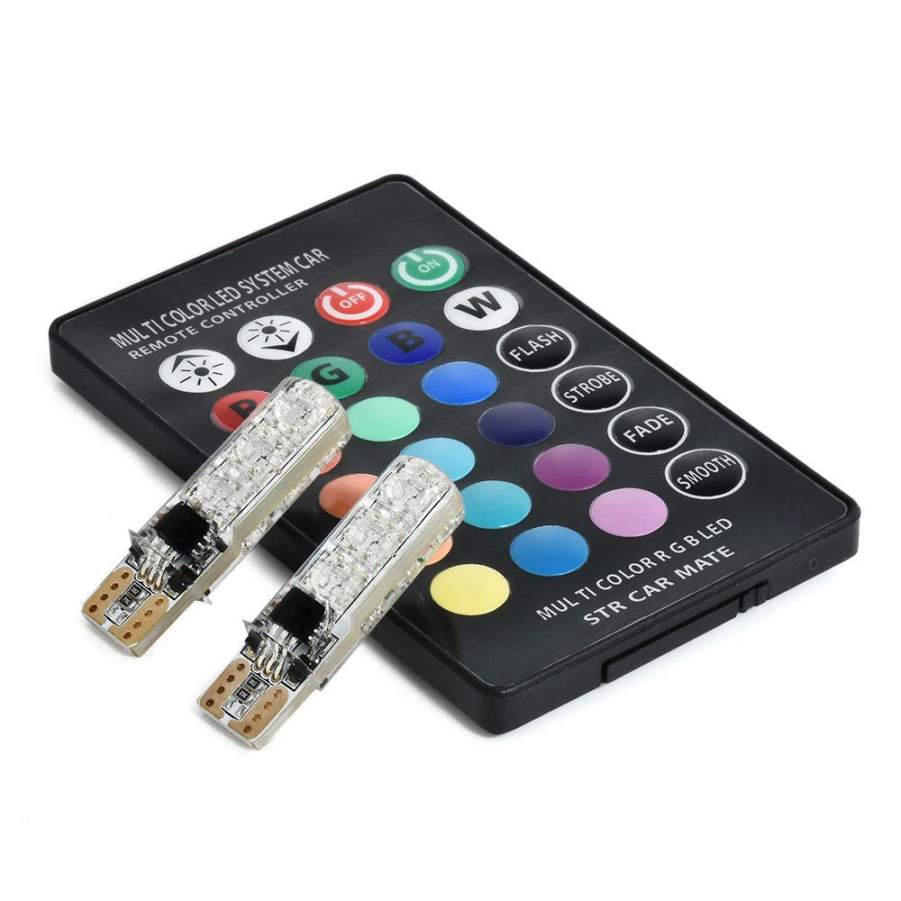 2Pcs T10 5050 LED Car Width Light Auto Dome Reading Decorative Lamp 6SMD RGB Color Remote Control Strobe Mood Light