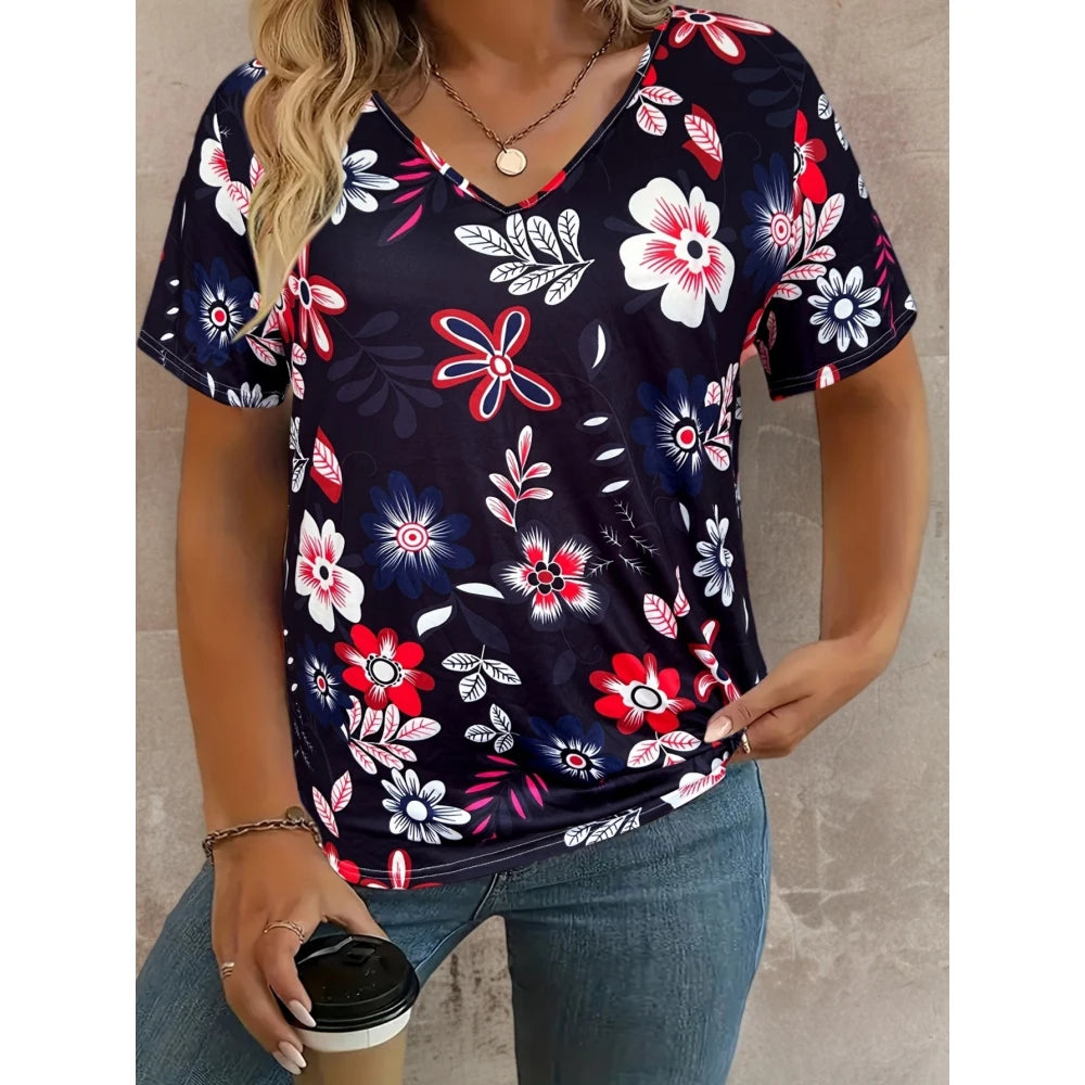 Women's T-Shirt Retro Floralelegant V-Neck Short Sleeve Summer Casual Top Loose Casual Ladies T-Shirt Fashion T-Shirt Clothes
