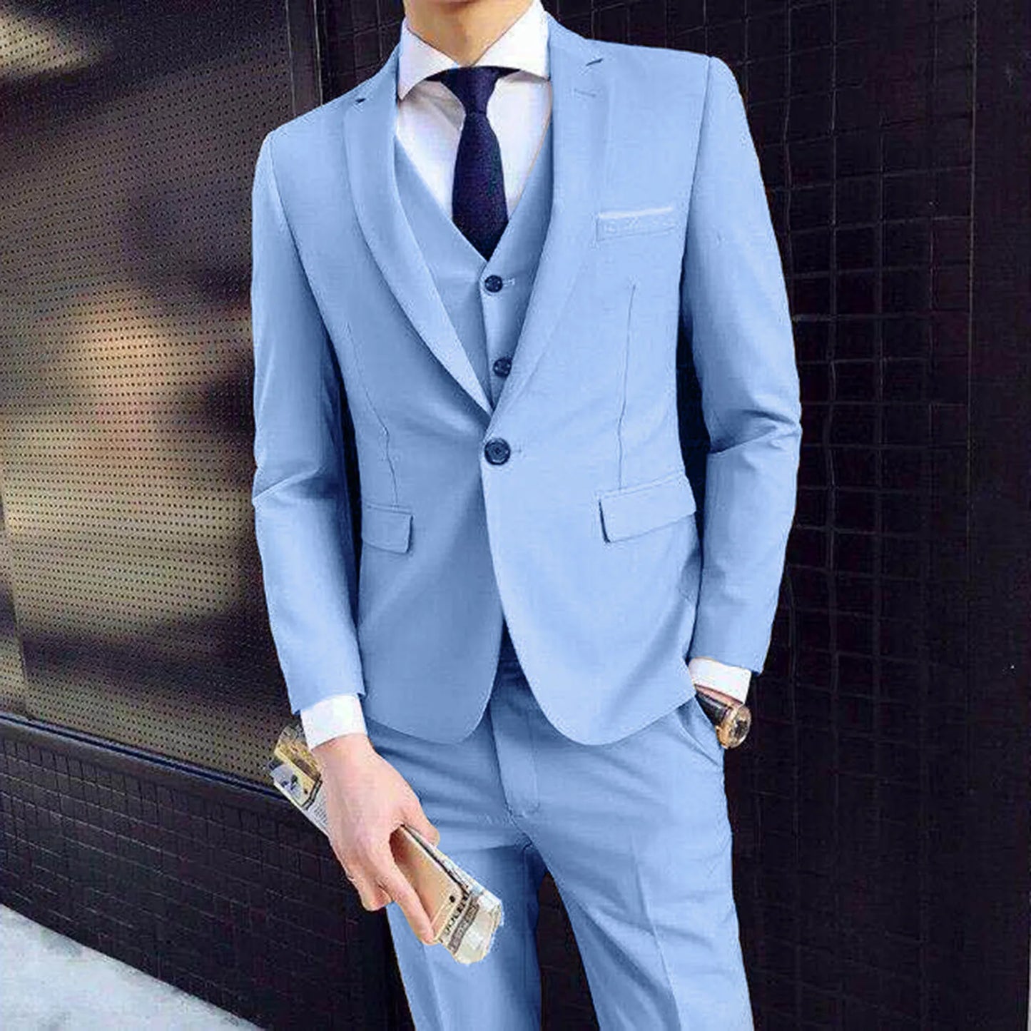 Men Three-piece Suit Men's Formal Business Style Slim Fit Wedding Suit Set with Silky Smooth Anti-wrinkle Fabric Turn-down