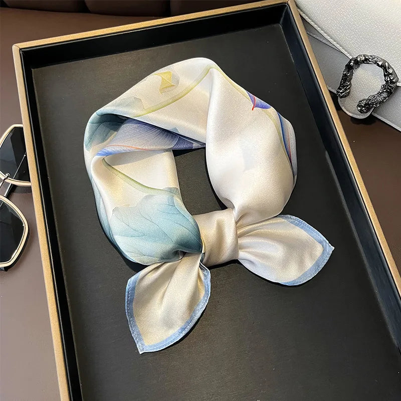 Hot Sale 2025 Brand 100% Silk Scarf Women Neck Hair Foulard Square Headband Hijab Print Poncho Scarves Bandana Fashion 53cm