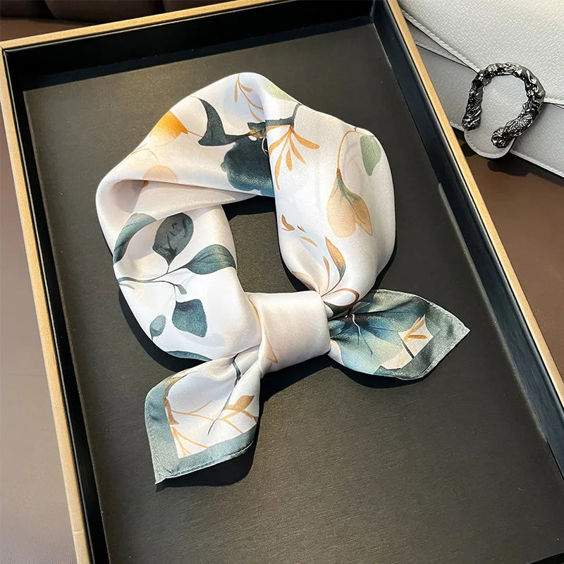 Hot Sale 2025 Brand 100% Silk Scarf Women Neck Hair Foulard Square Headband Hijab Print Poncho Scarves Bandana Fashion 53cm