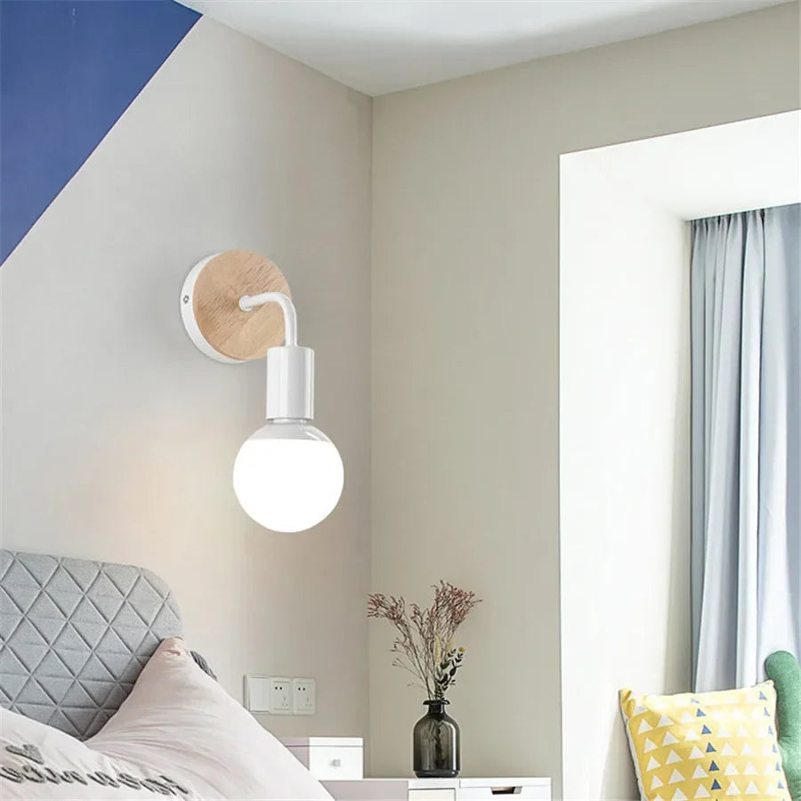 E27 Wood Iron Wall Lamp for Bedroom Bedside Nordic Wall Sconce Background Wall Aisle Lights Wooden Reading Luminaire