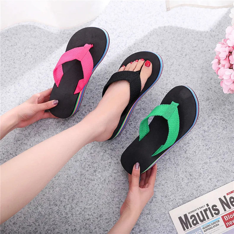 Women's Rainbow Color Platform Flip Flops Summer Thick Sole Lightweight Slip-on Wedges Sandals Girls Beach Slippers