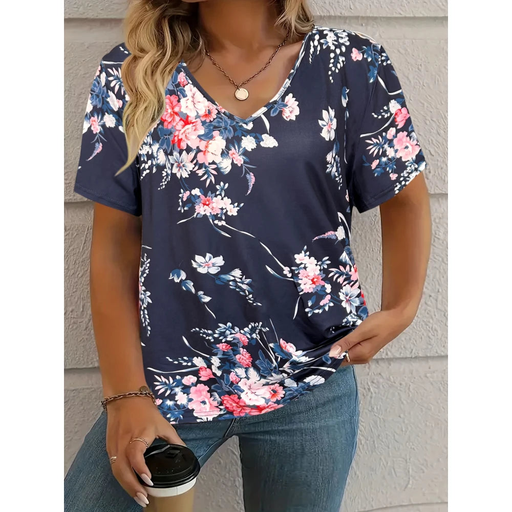 Women's T-Shirt Retro Floralelegant V-Neck Short Sleeve Summer Casual Top Loose Casual Ladies T-Shirt Fashion T-Shirt Clothes