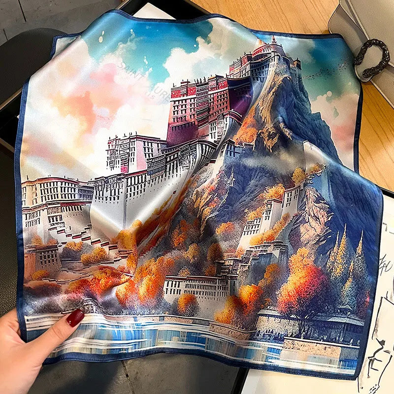 Hot Sale 2025 Brand 100% Silk Scarf Women Neck Hair Foulard Square Headband Hijab Print Poncho Scarves Bandana Fashion 53cm