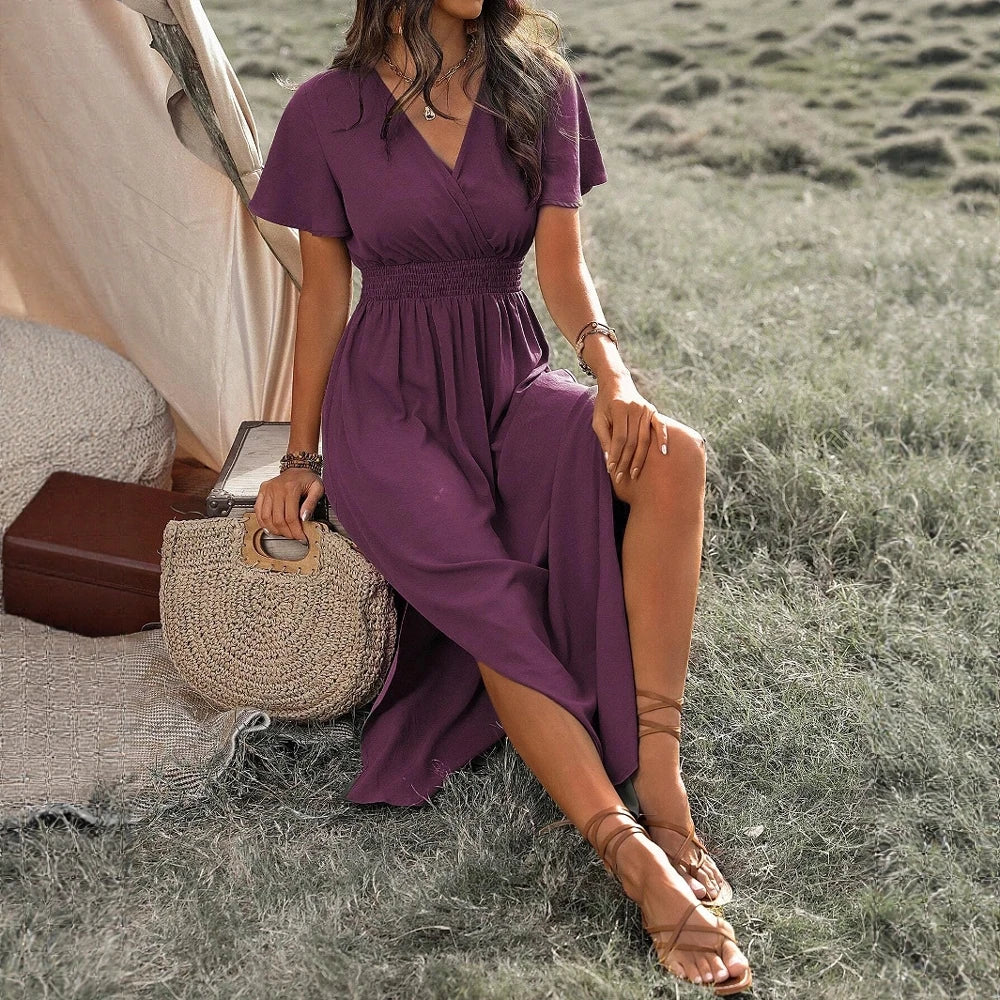 Mia Muse Women's Dresses Summer Fashion 2025 Plain Side Slit Nipped Waists Short Sleeve V-Neck A Line Midi Vacation Dresses