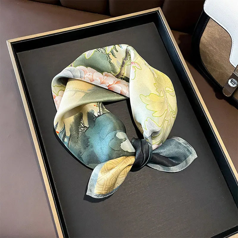 Hot Sale 2025 Brand 100% Silk Scarf Women Neck Hair Foulard Square Headband Hijab Print Poncho Scarves Bandana Fashion 53cm