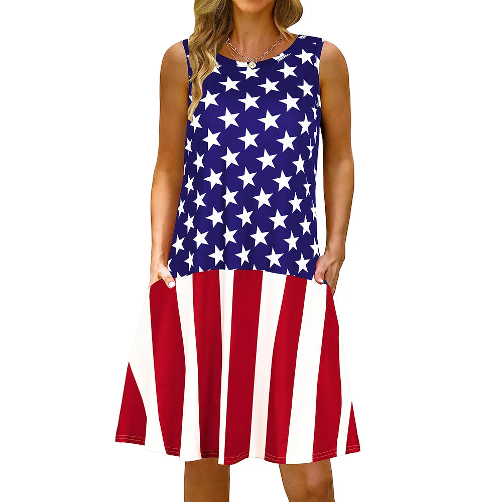 S-5Xl Colorful Printed O Neck Long Dress Casual Bohemian Sleeveless Ladies Summer Beach Sundress Travel Pocket Shirt Party Gowns