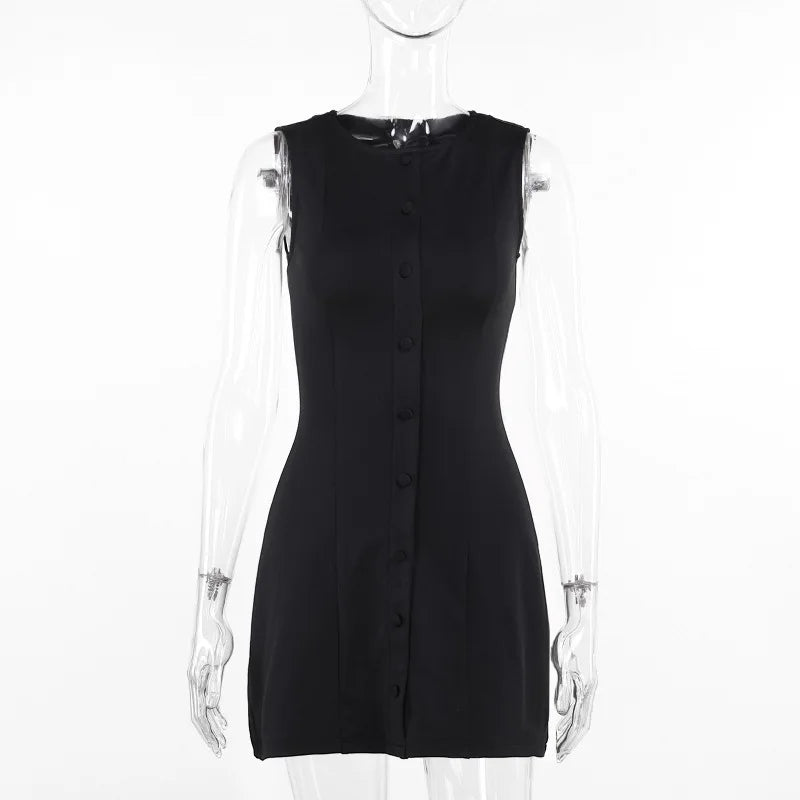 Fashion Sleeveless Sexy Mini Dress For Women New O Neck Single-btrasted Bodycon Club Party Tank Dress Femme Clothes vestidos