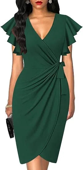 Summer Elegant Bodycom Dress Lady V-Neck Petal Sleeve Dress Solid Color Pleated Work Robe Clothes