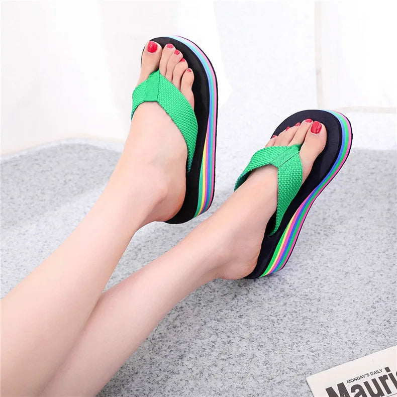 Women's Rainbow Color Platform Flip Flops Summer Thick Sole Lightweight Slip-on Wedges Sandals Girls Beach Slippers